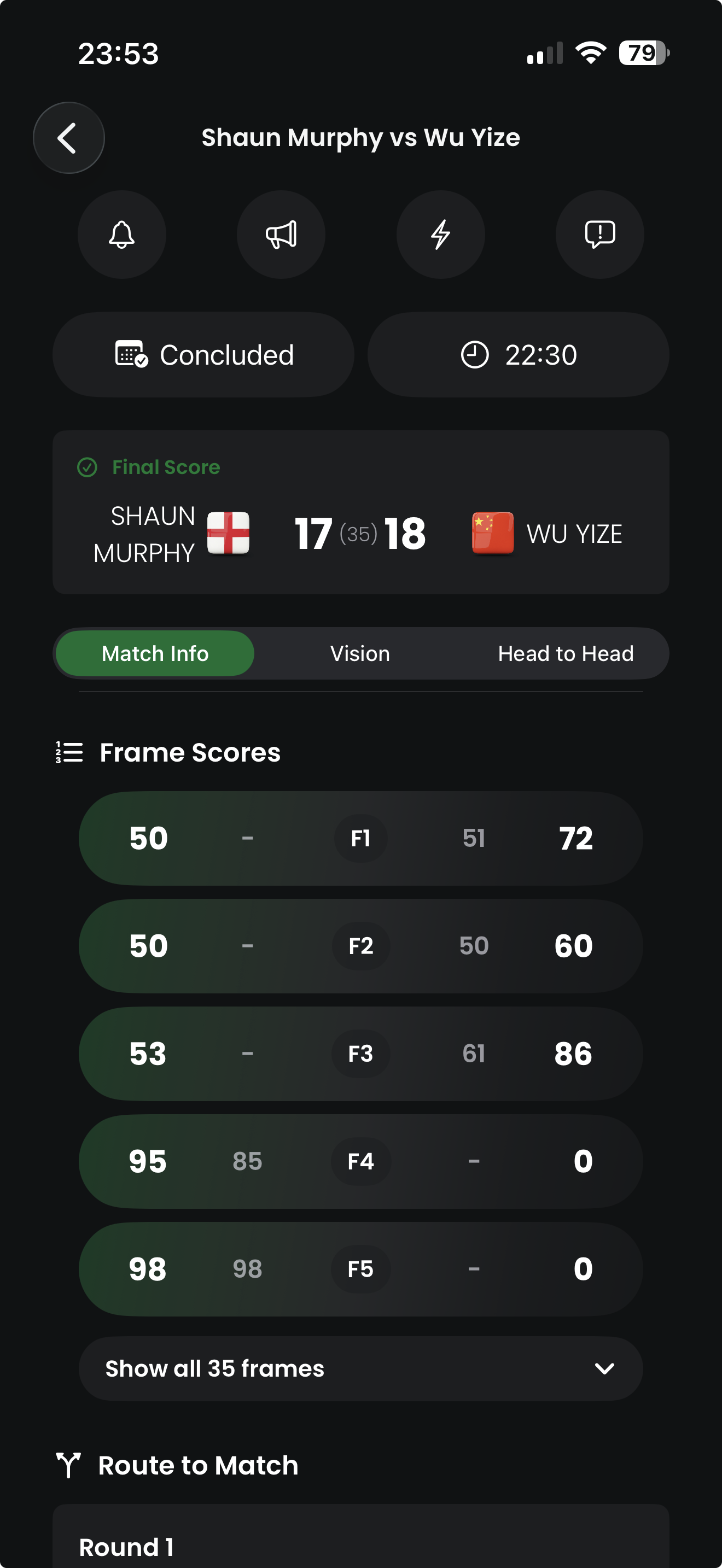 Frame Scores rows in Snooker Live