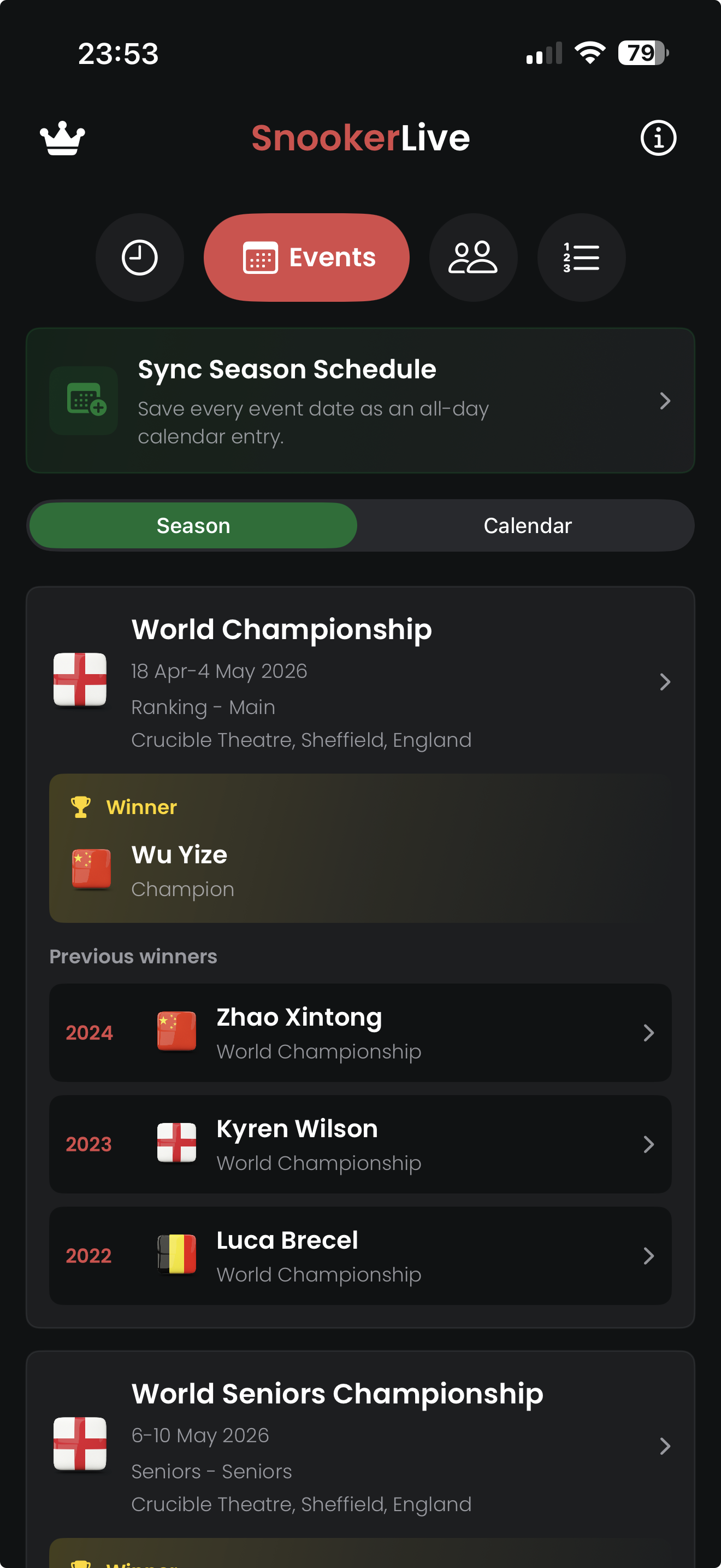 Season event cards with winners and previous winners