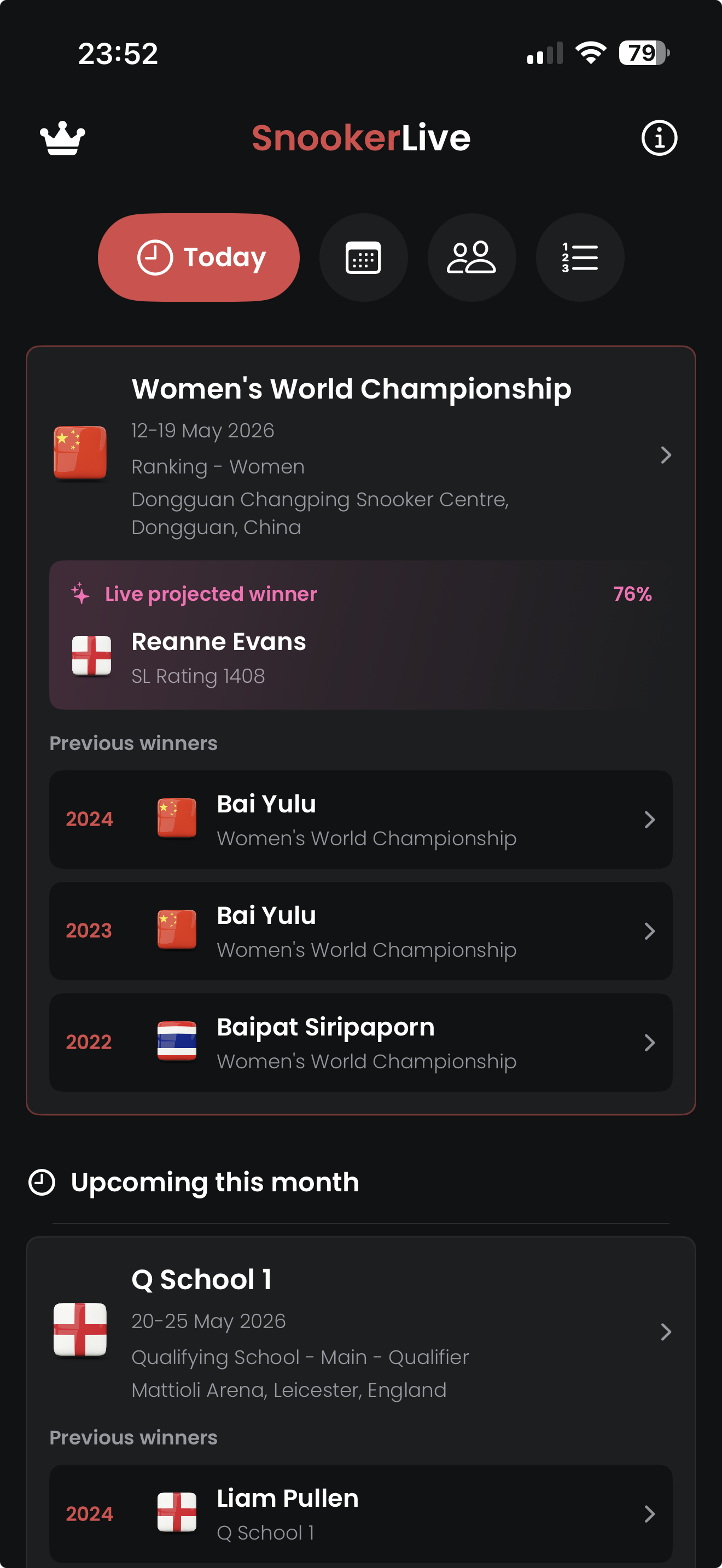 Today and event cards in Snooker Live